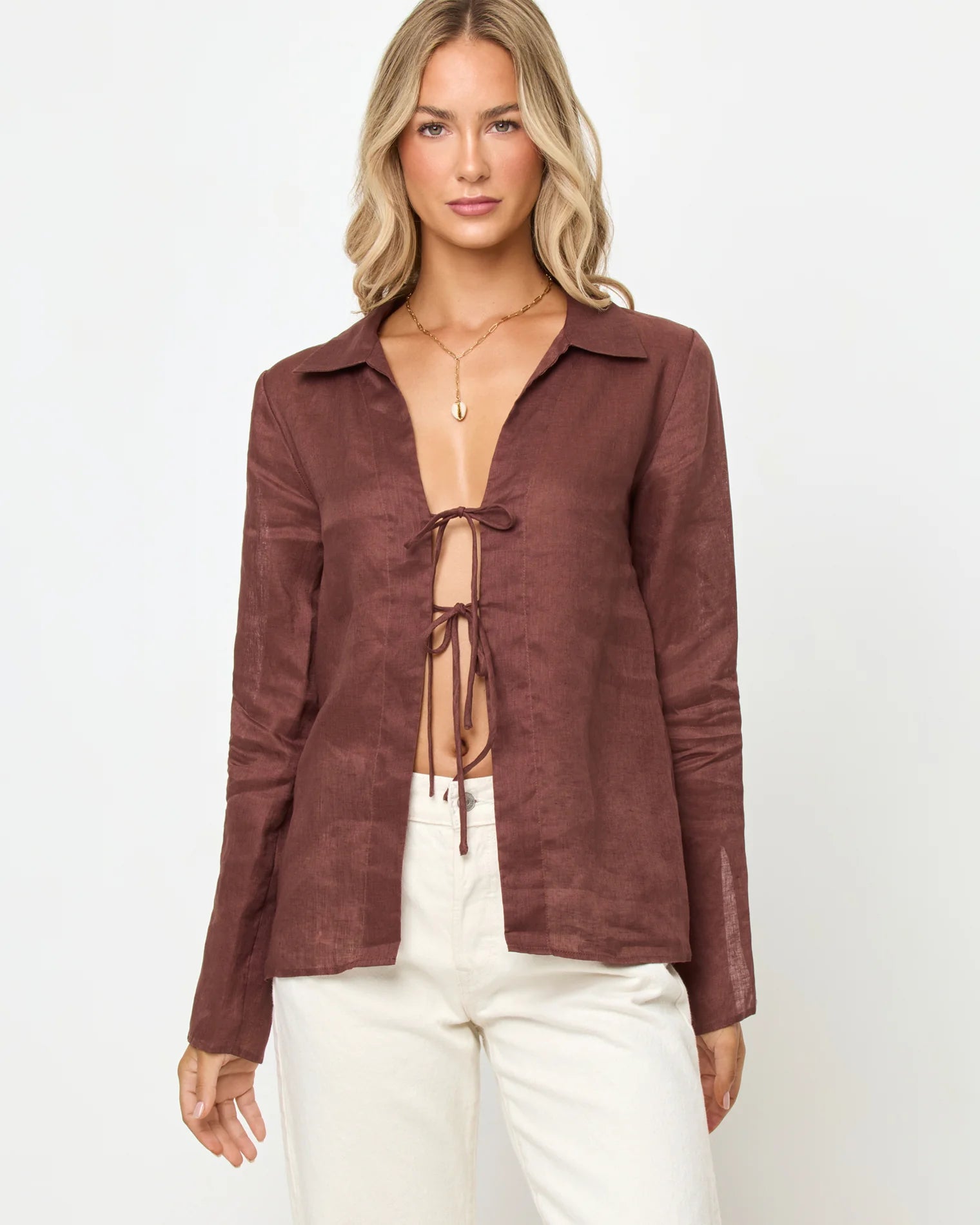 brown front tie long sleeve top with a collar