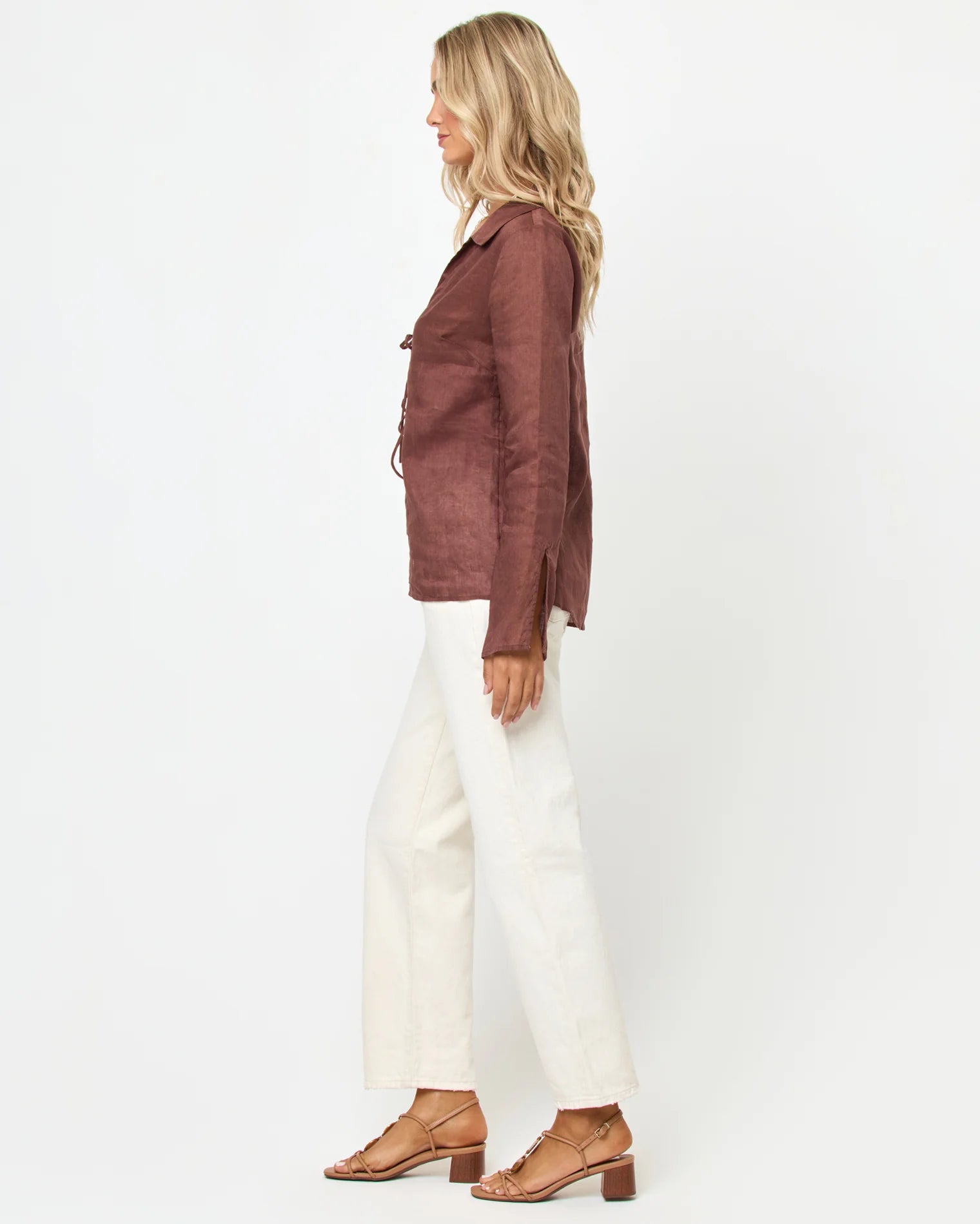 brown front tie long sleeve top with a collar