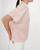 short sleeve striped blouse in coral and white