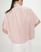 short sleeve striped blouse in coral and white