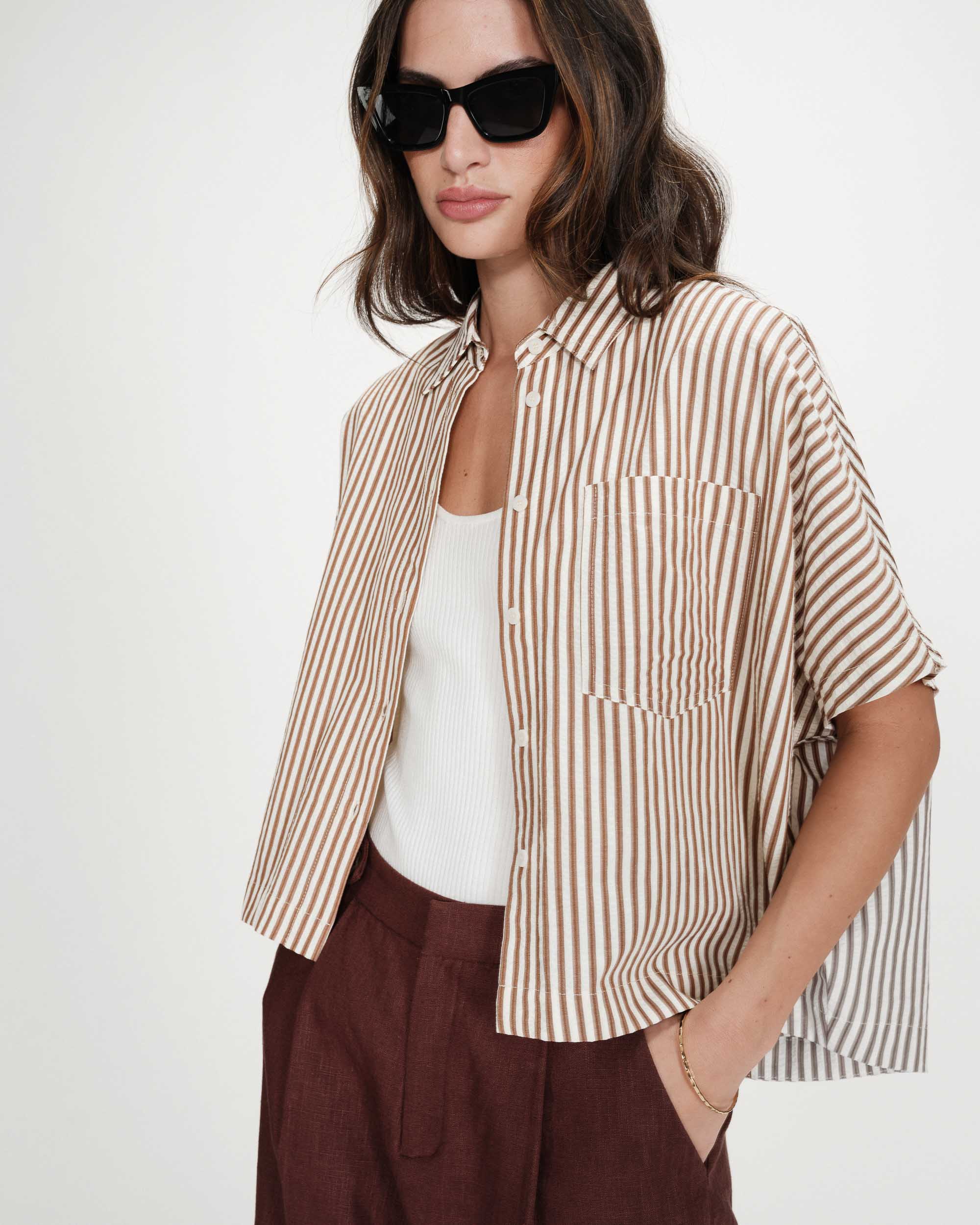 striped short sleeve blouse in brown and white