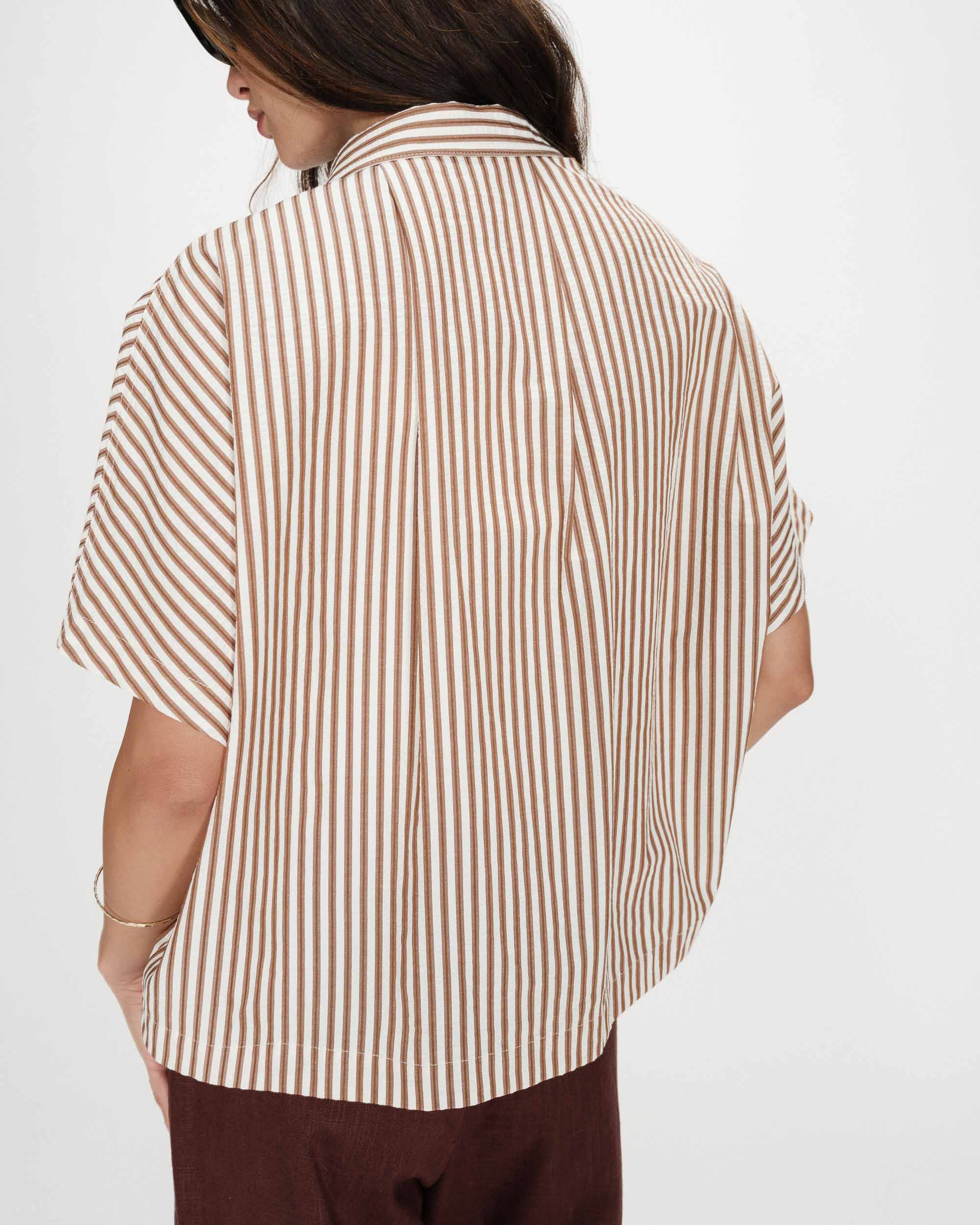 striped short sleeve blouse in brown and white