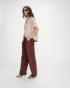 striped short sleeve blouse in brown and white