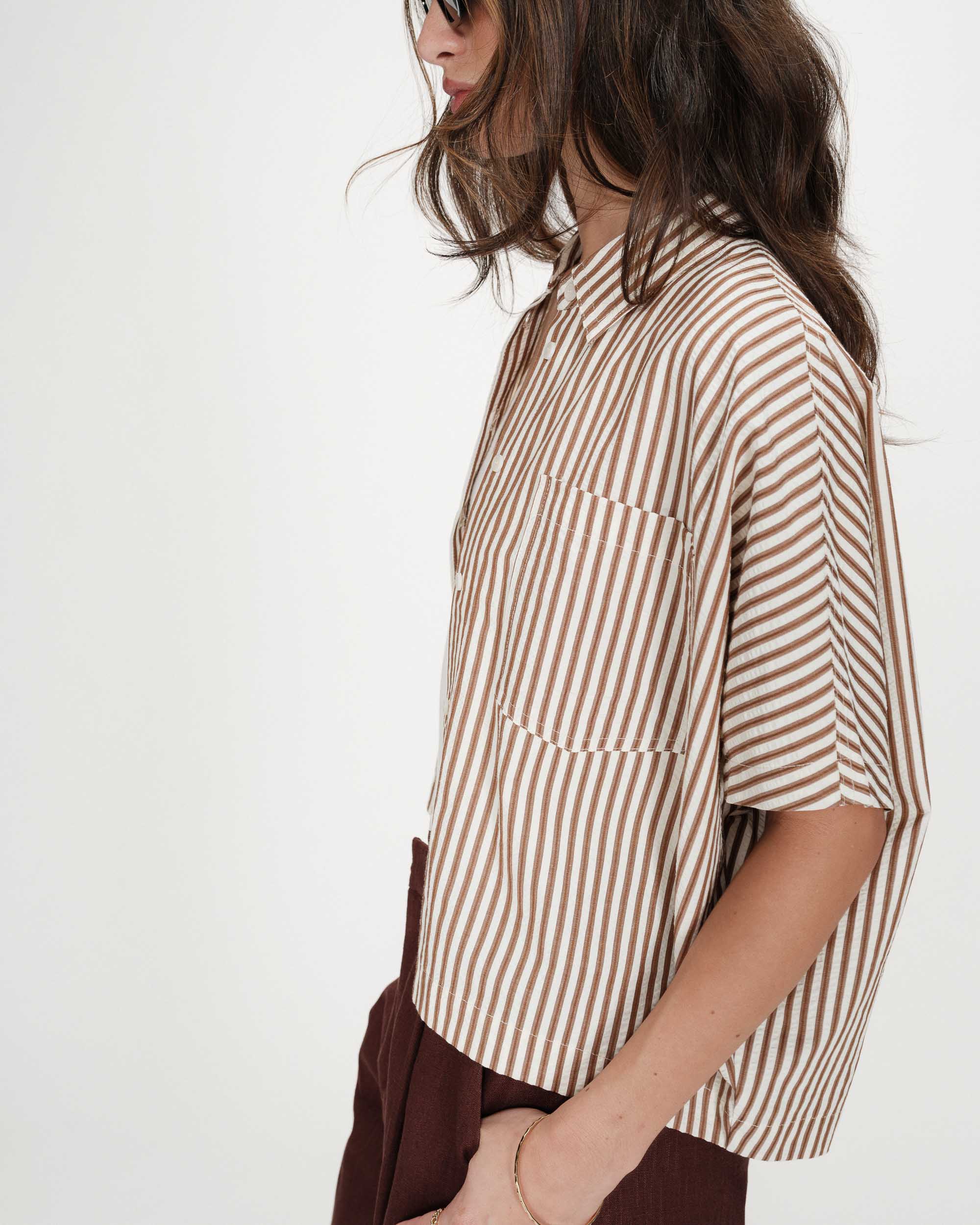 striped short sleeve blouse in brown and white