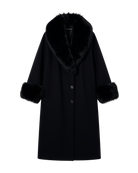midi black coat with fur around the collar and cuffs of sleeves