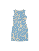 mini dress with high neck and blue and cream swirl pattern