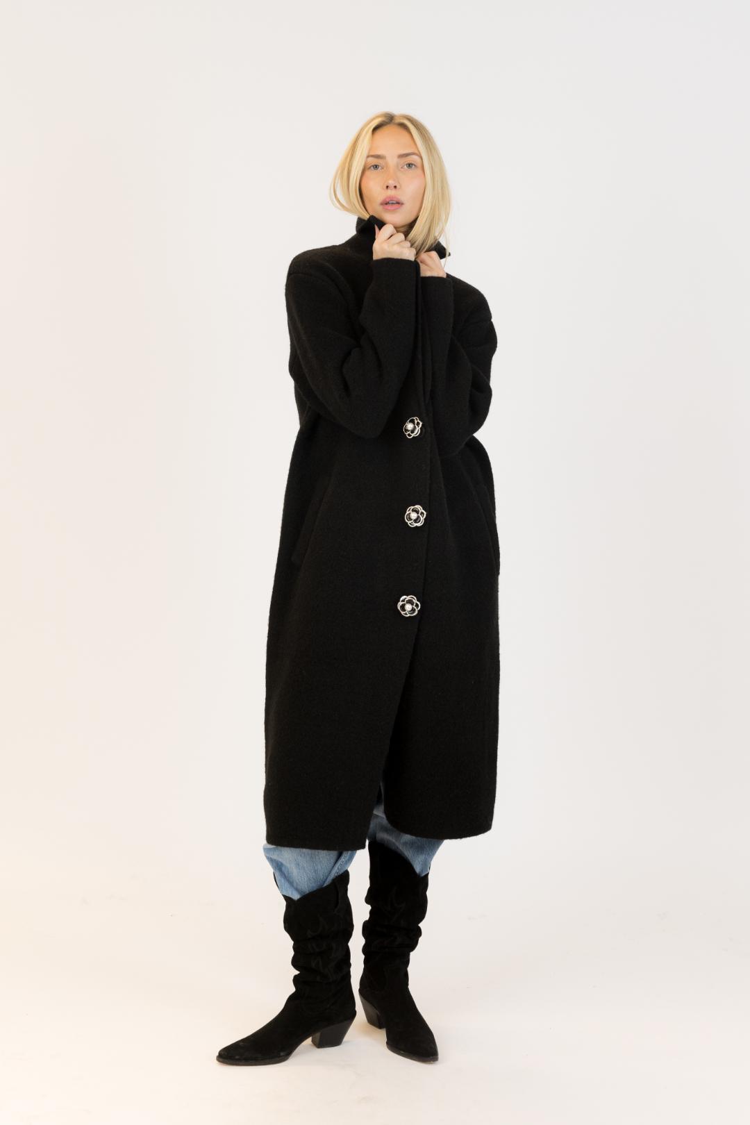 long black coat with flower buttons