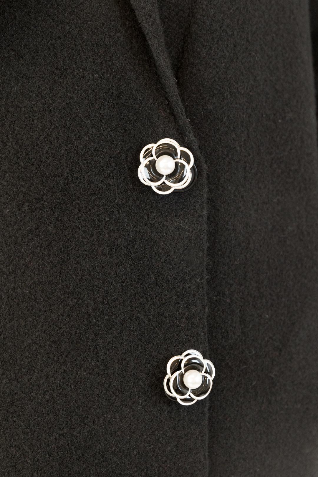 close up of flower buttons on a black coat