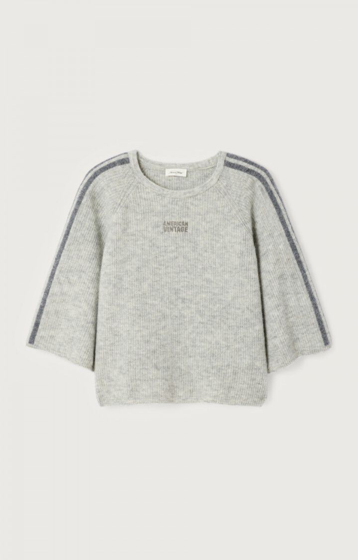 light grey sweater with dark grey striped down the sleeve