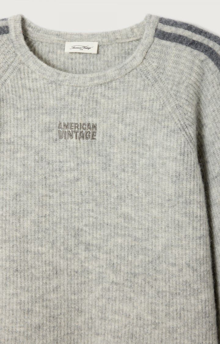 light grey sweater with dark grey striped down the sleeve