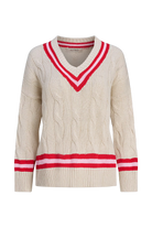 v-neck knit sweater in cream with red and pink striped on top and bottom