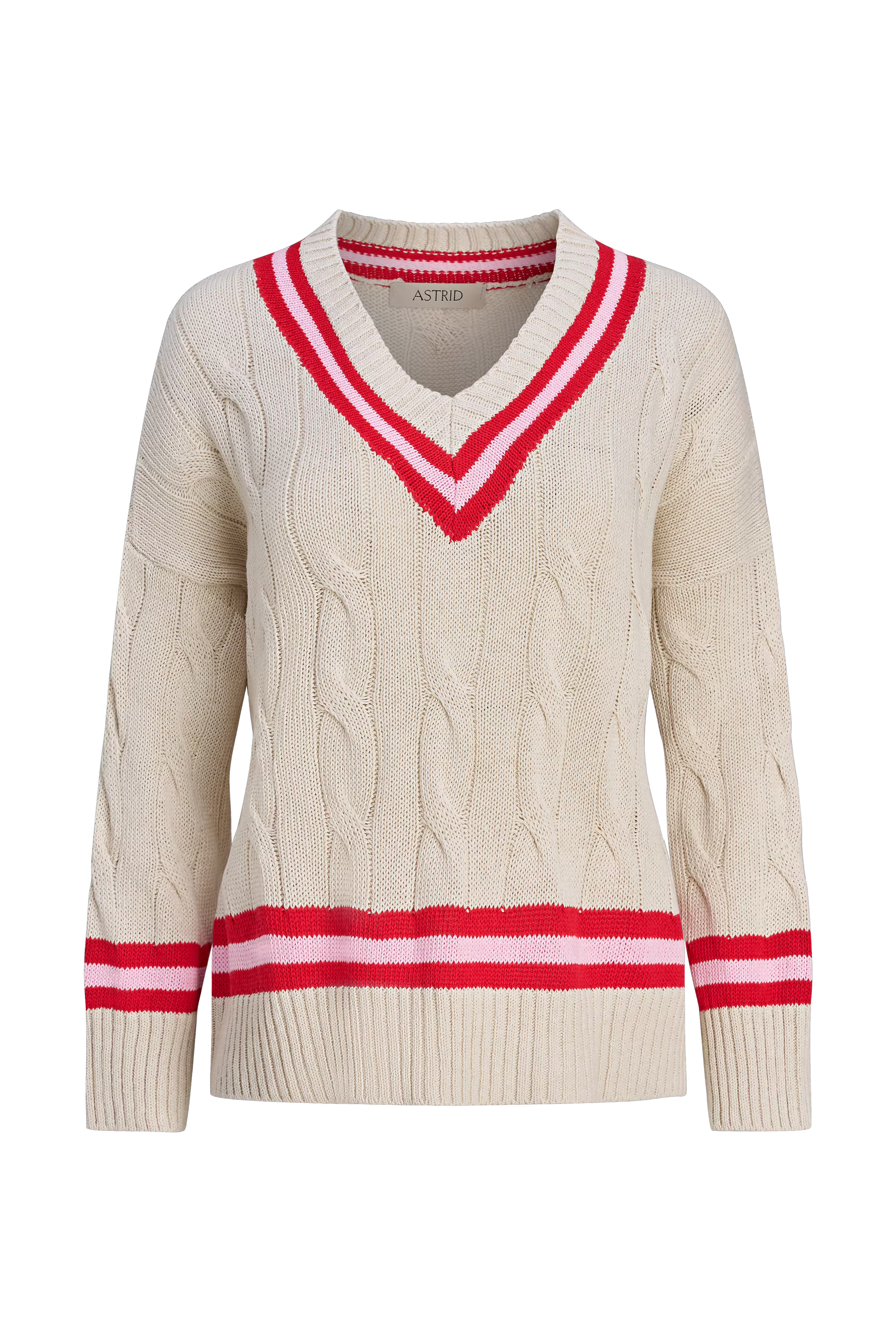 v-neck knit sweater in cream with red and pink striped on top and bottom