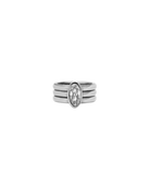 pink ring with three silver bands and oval diamond