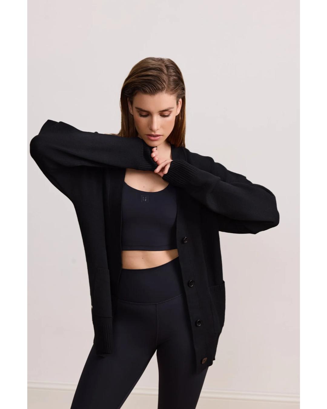 black knit cardigan with a v-neck and buttons down the front