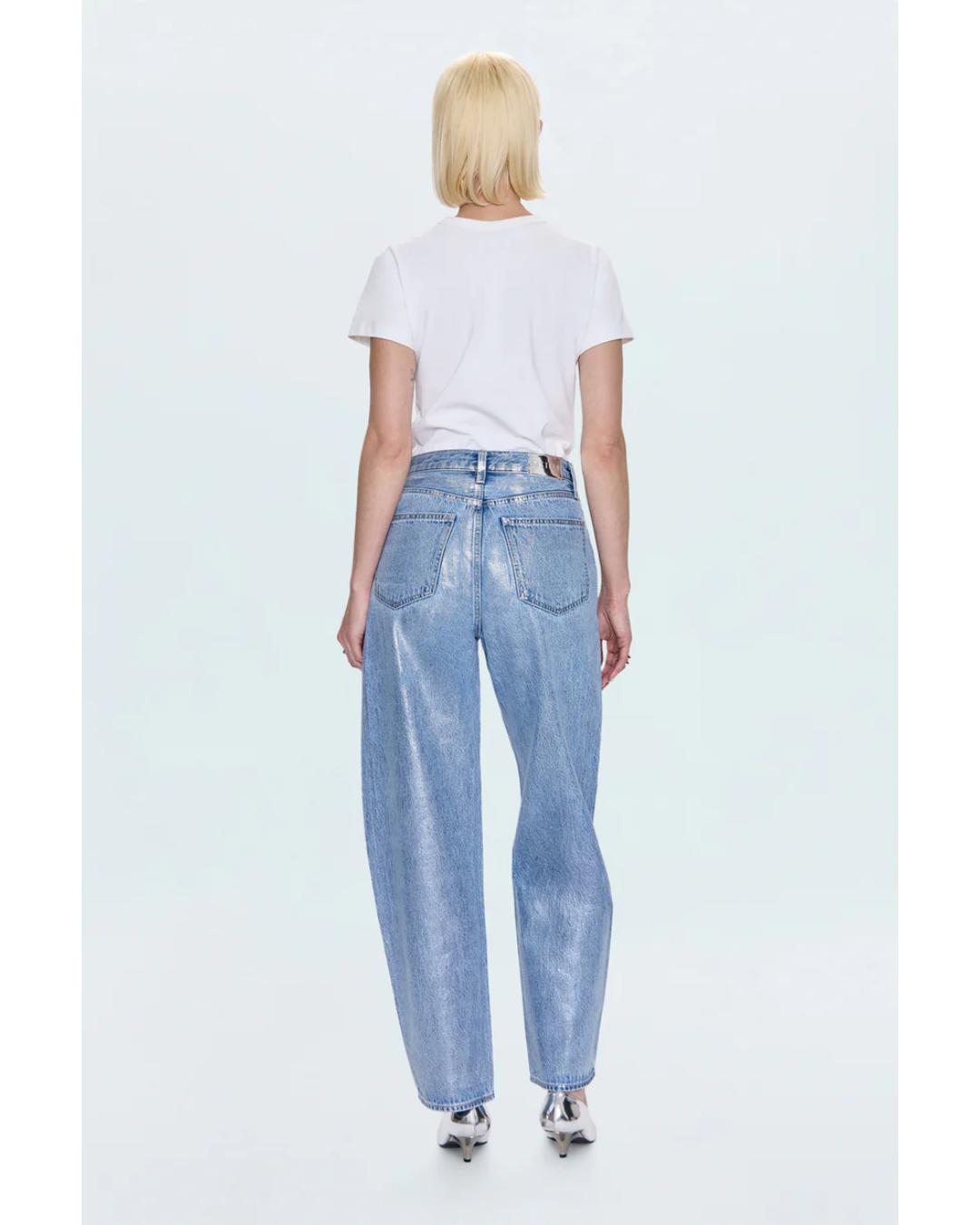 barrel leg denim pant in a blue and silver colour