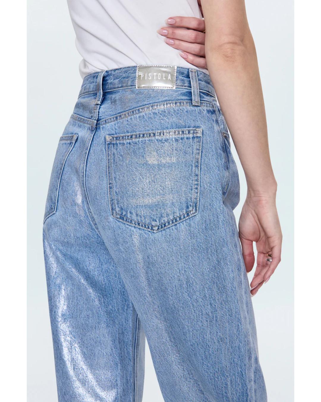 barrel leg denim pant in a blue and silver colour