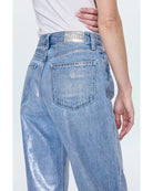 barrel leg denim pant in a blue and silver colour