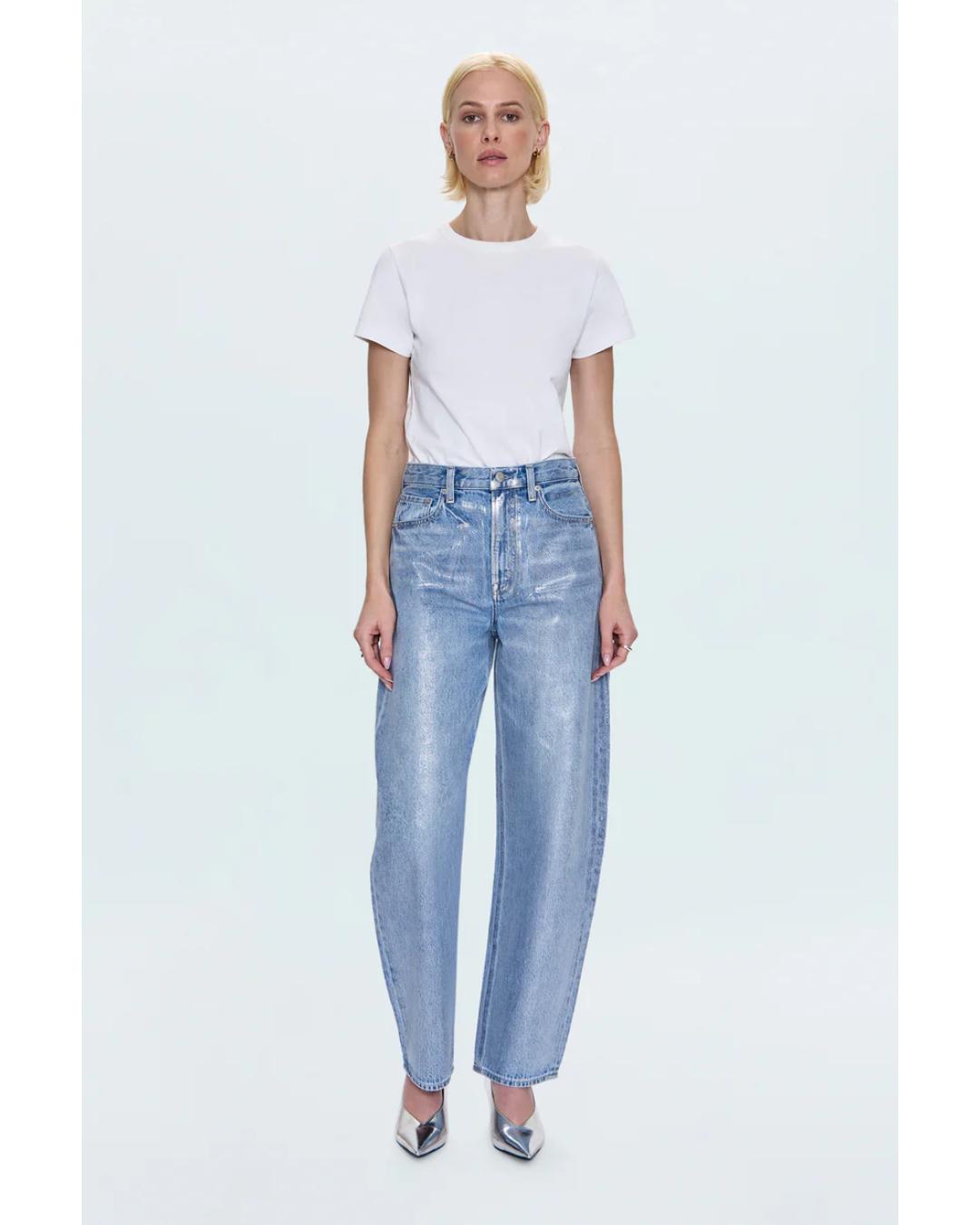 barrel leg denim pant in a blue and silver colour