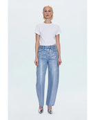 barrel leg denim pant in a blue and silver colour