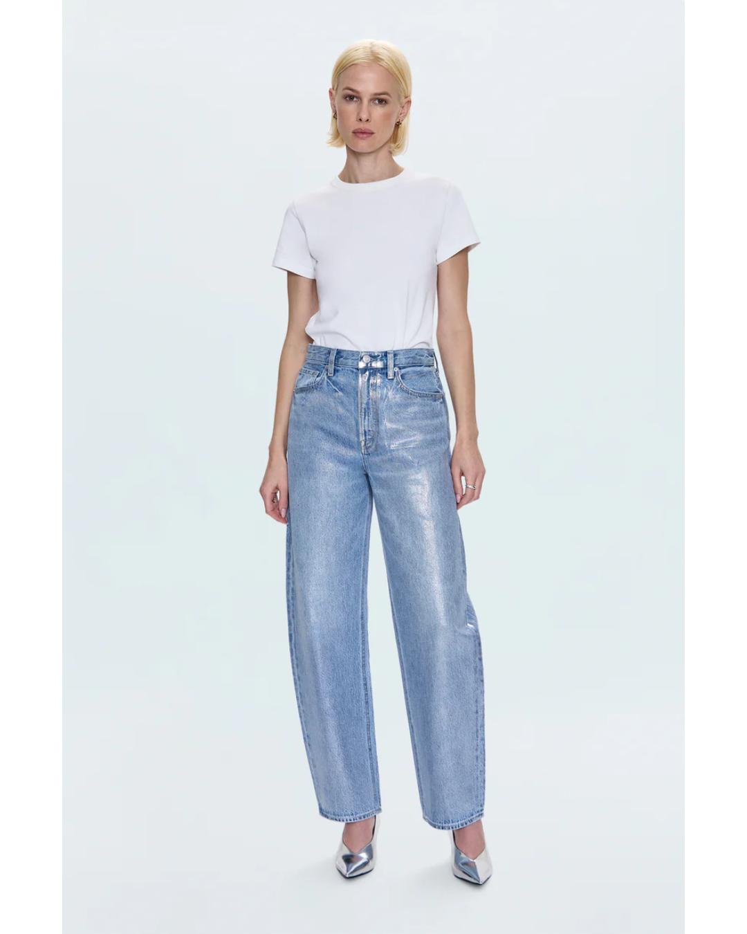 barrel leg denim pant in a blue and silver colour