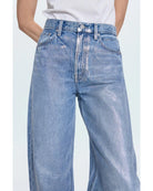 barrel leg denim pant in a blue and silver colour