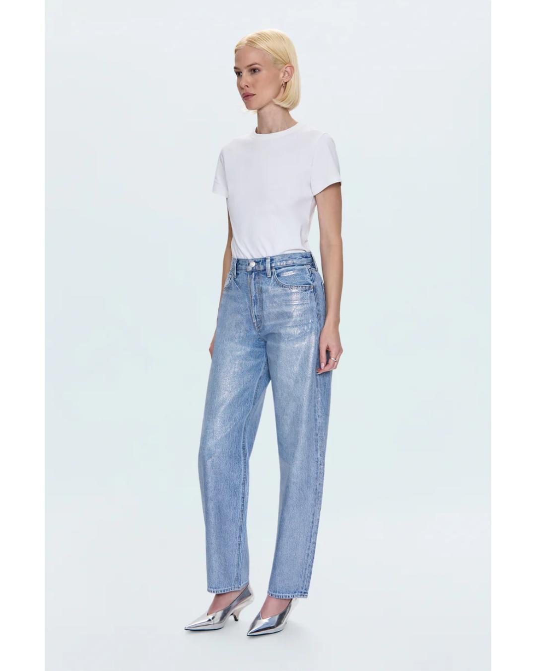 barrel leg denim pant in a blue and silver colour
