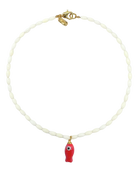 white beaded necklace with a red fish pendant