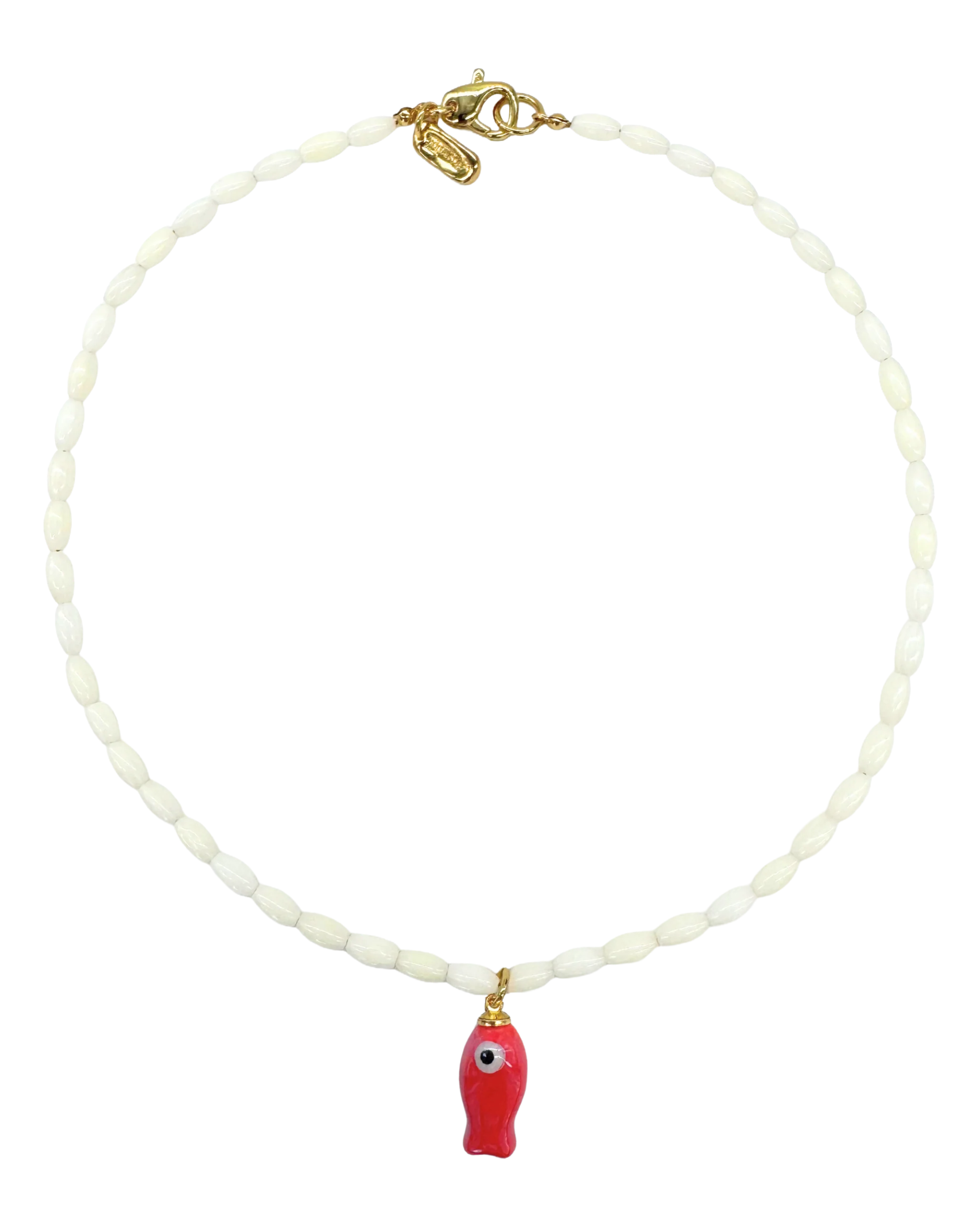 white beaded necklace with a red fish pendant