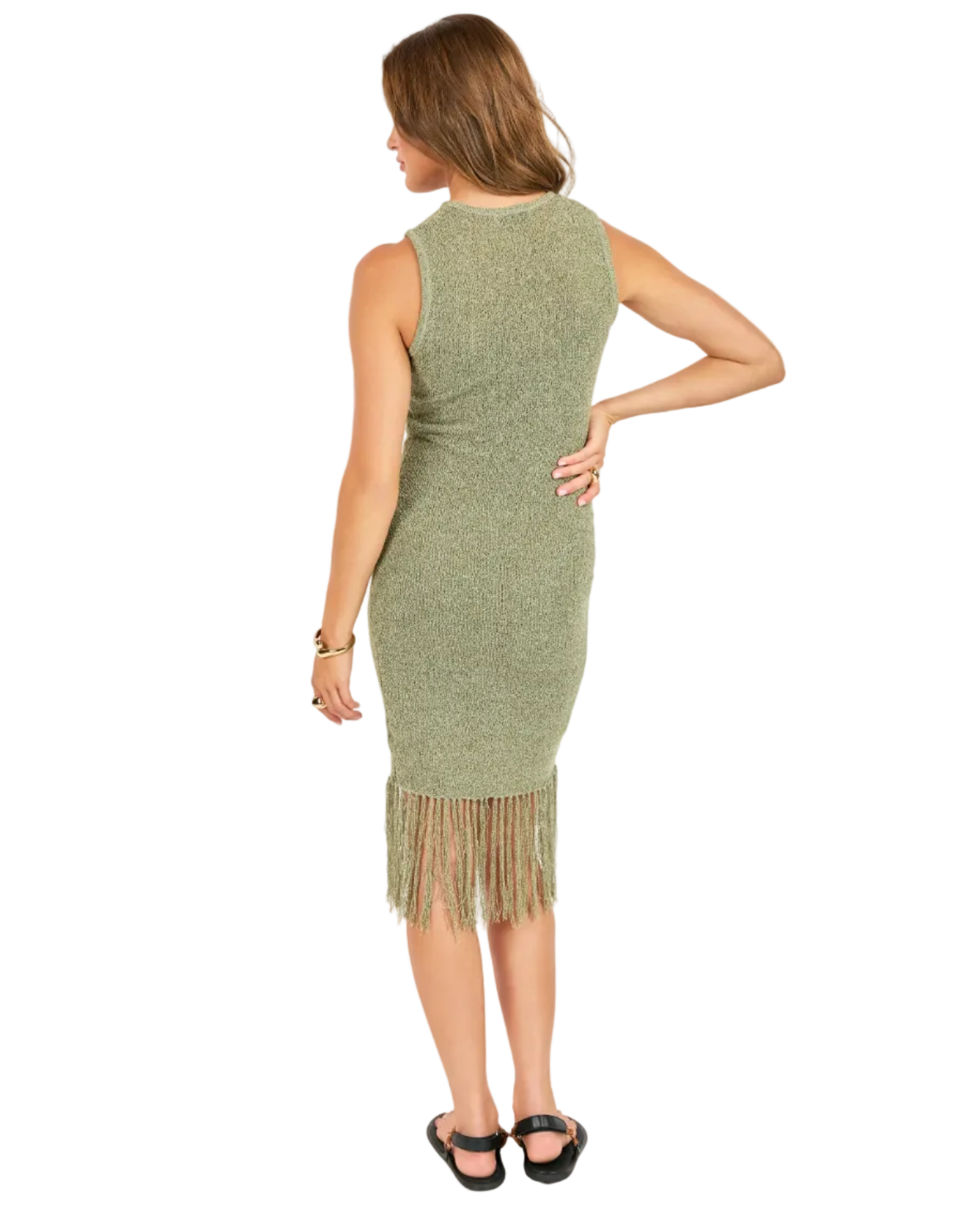 midi green dress with fringe on the bottom