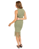 midi green dress with fringe on the bottom