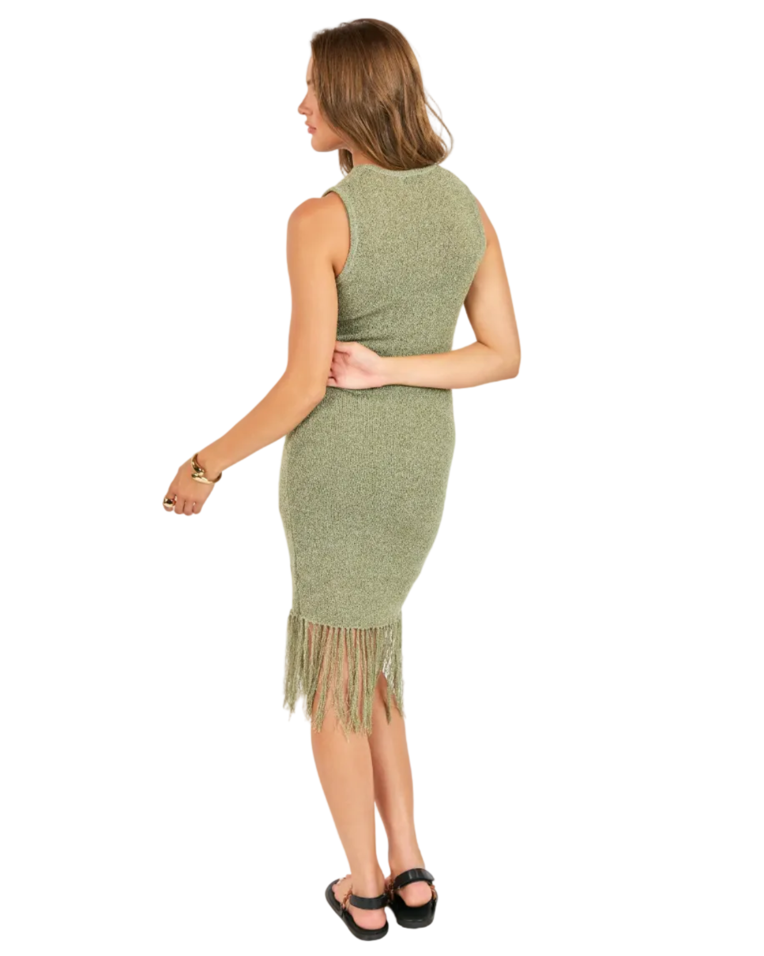 midi green dress with fringe on the bottom