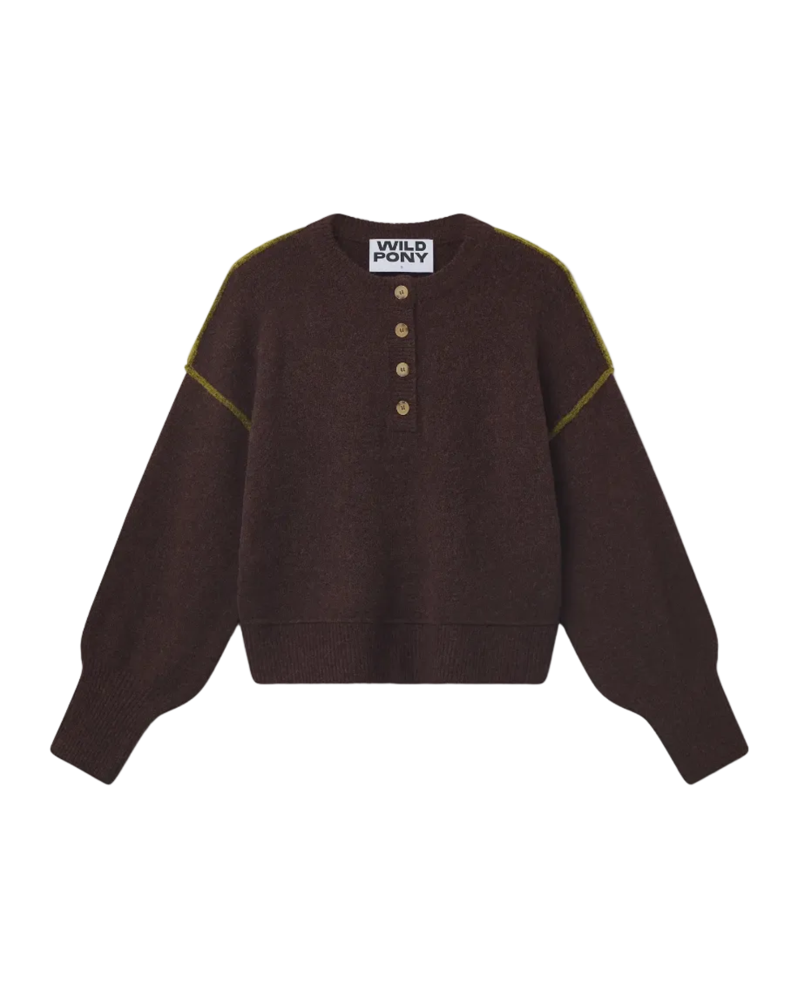 brown knit sweater with buttons half down and a green detail on sleeve
