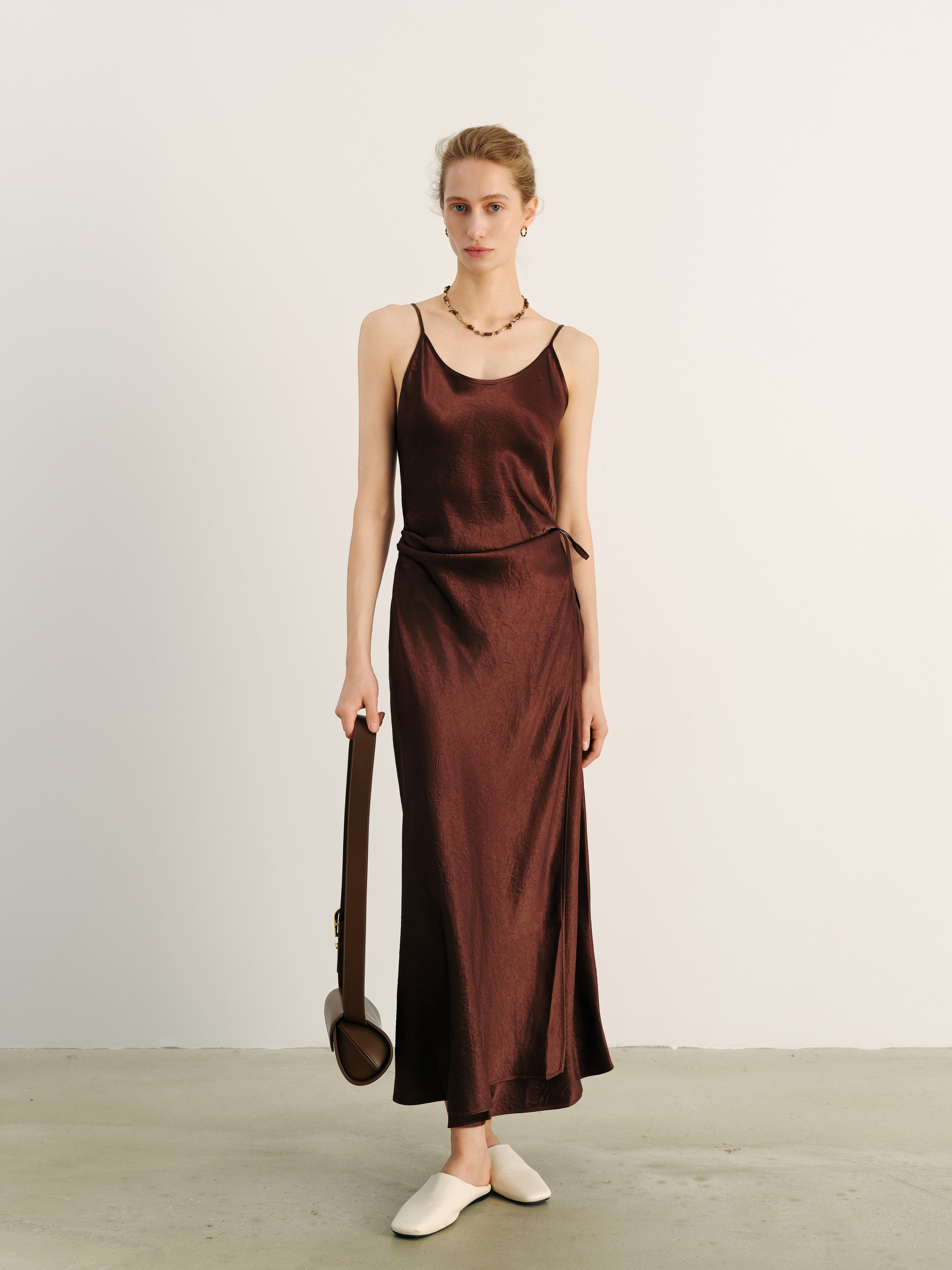 midi wrap dress in brown