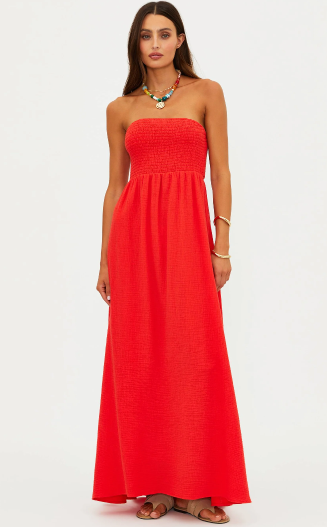 maxi strapless dress in bright red