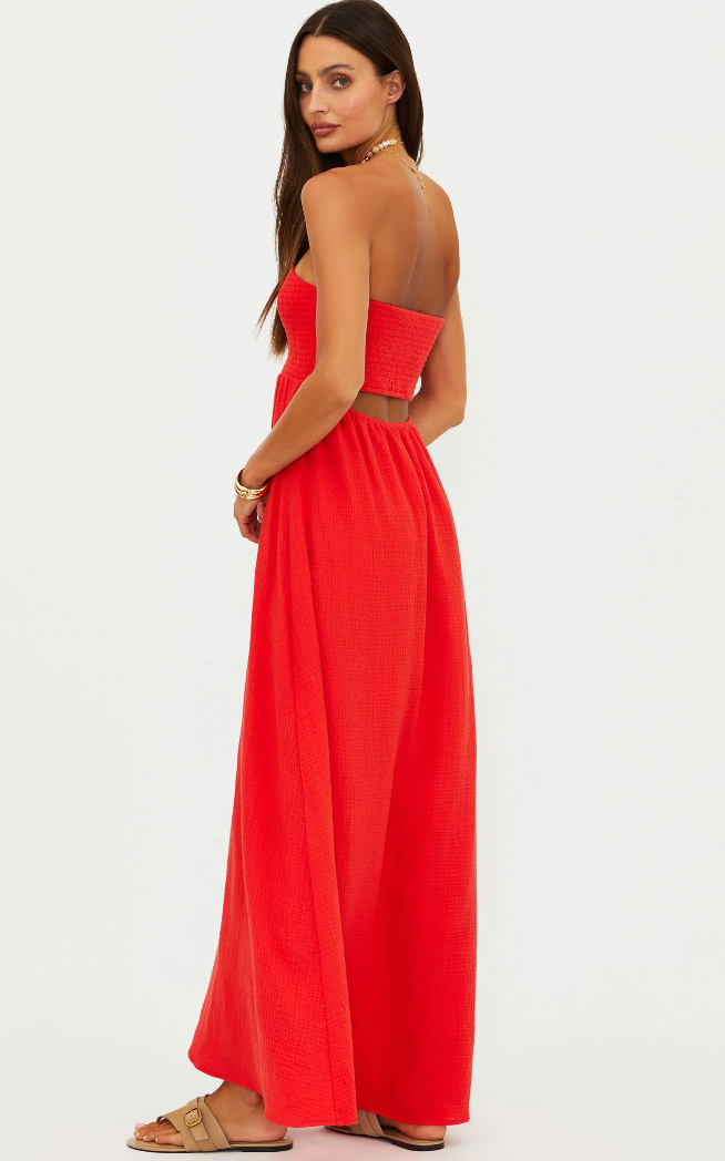 maxi strapless dress in bright red
