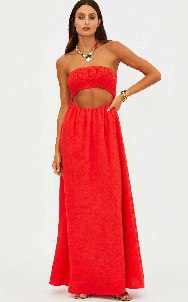 maxi strapless dress in bright red