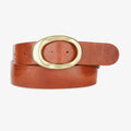 light tan leather belt with gold buckle