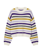 striped sweater in white, grey, brow and purple