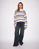 striped sweater in white, grey, brow and purple
