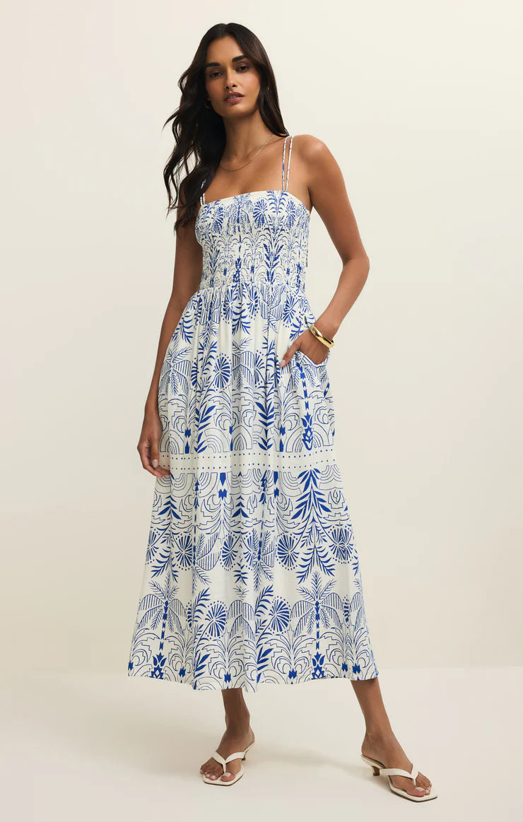 maxi white dress with blue patterns